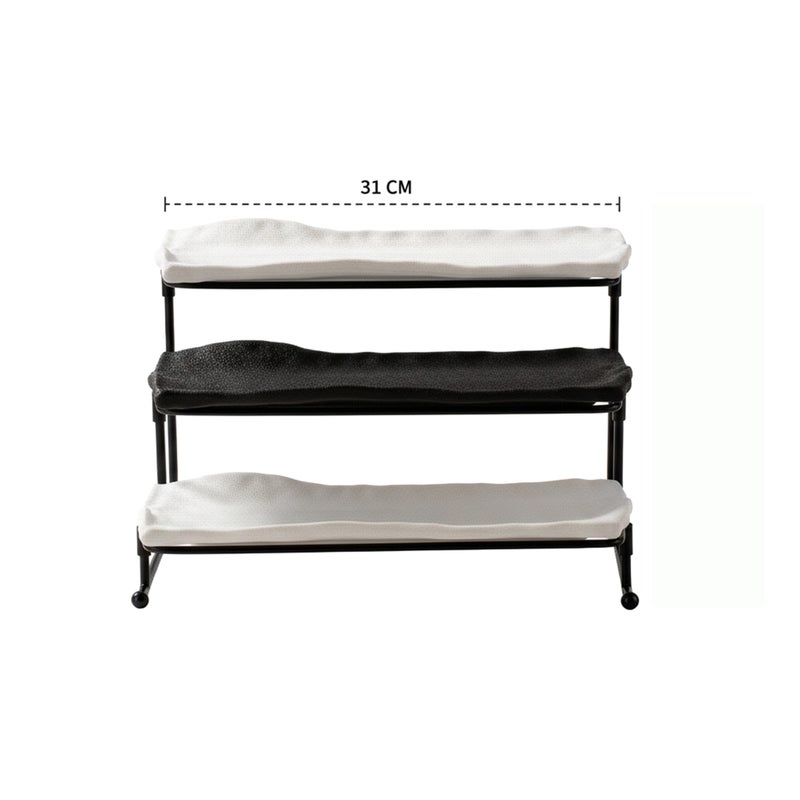 Shallow 3-Tier Porcelain Ceramic Serving Stand-31cm Stepped "Taqdeem" Set – Food Tower for Ramadan,Eid & Festive Majlis - Mawaheen for Appetizers, Desserts&Coffee Stations (White&Black) - Image 4